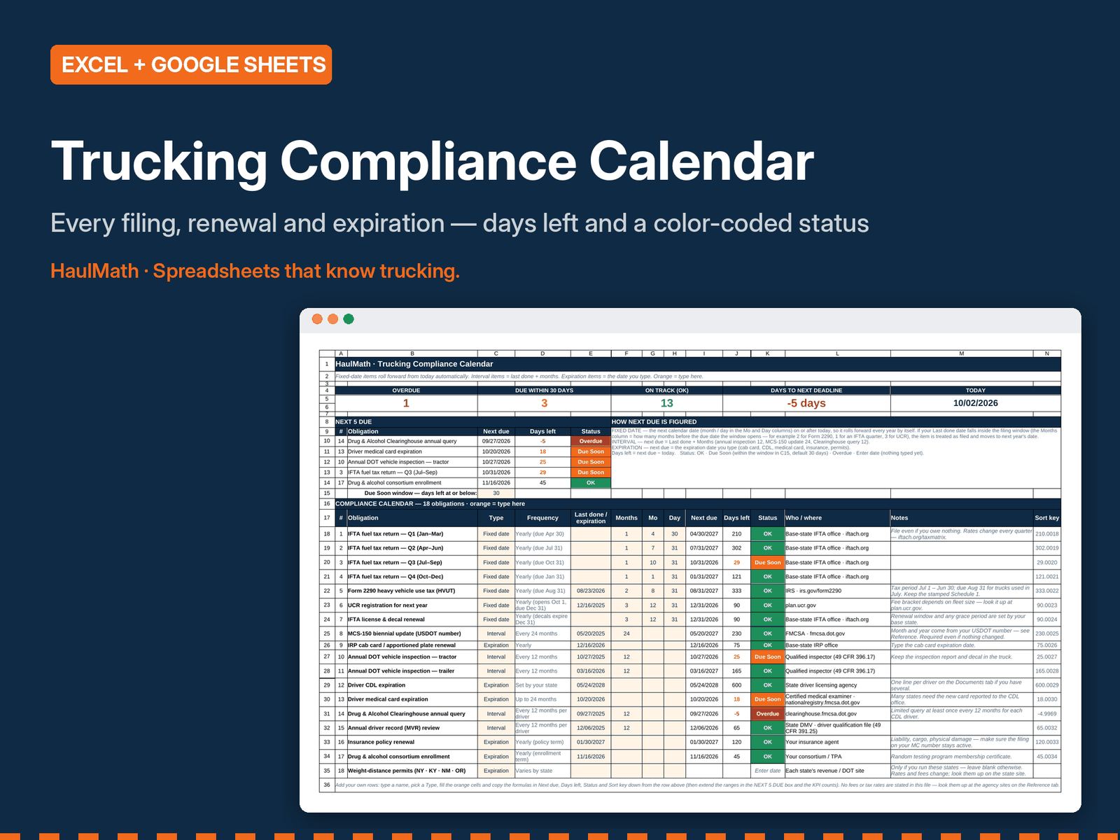 Trucking Compliance Calendar spreadsheet preview