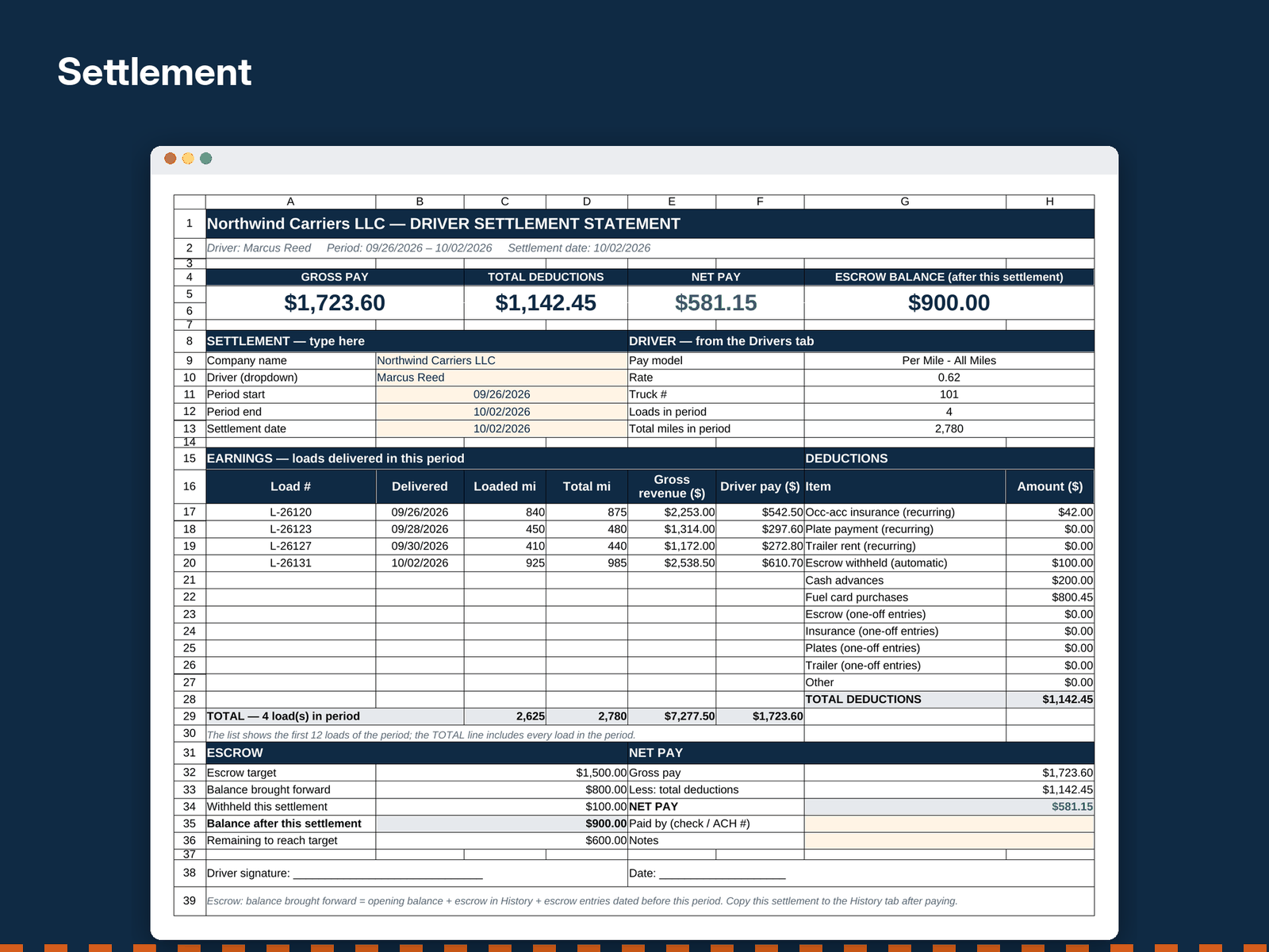 The Settlement tab of the Driver Settlement Calculator